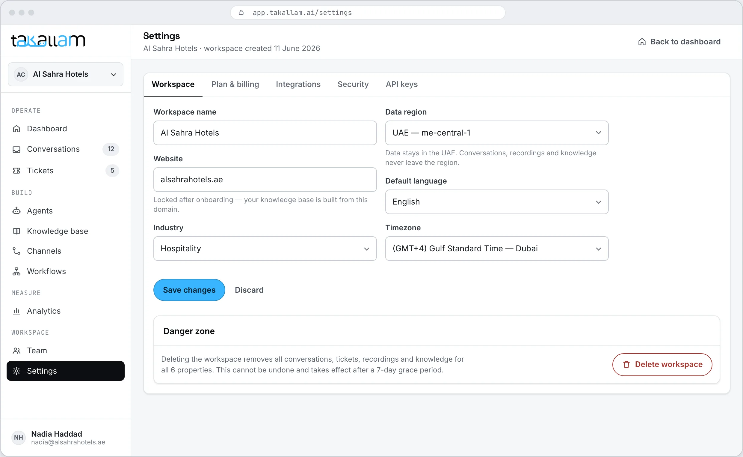 The Takallam workspace settings screen showing region, language and data residency options